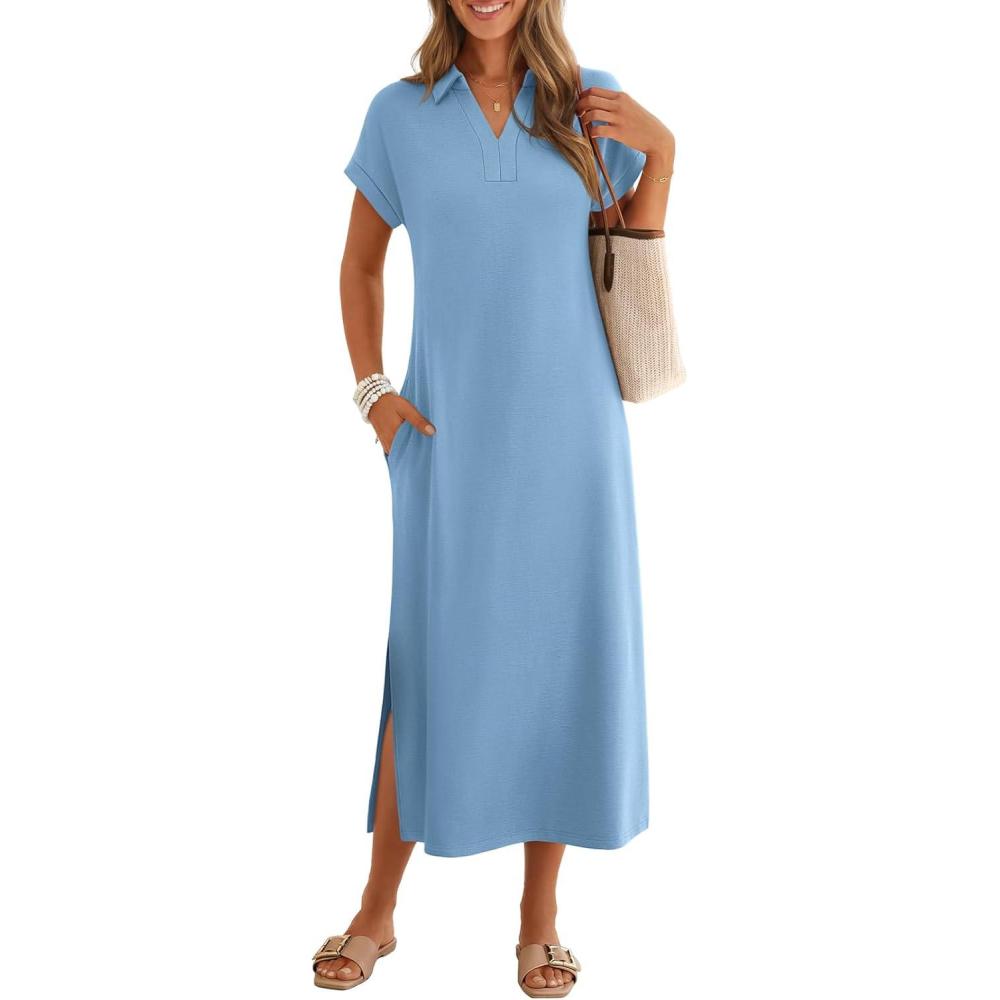 imageMEROKEETY Womens Summer Casual Maxi Dress 2026 Cap Sleeve V Neck Collared Beach Vacation T Shirt Long DressesLightblue