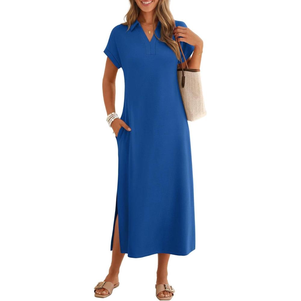 imageMEROKEETY Womens Summer Casual Maxi Dress 2026 Cap Sleeve V Neck Collared Beach Vacation T Shirt Long DressesRoyalblue