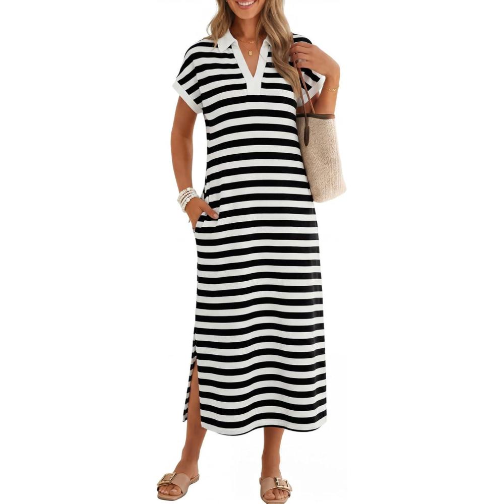imageMEROKEETY Womens Summer Casual Maxi Dress 2026 Cap Sleeve V Neck Collared Beach Vacation T Shirt Long DressesStripedblack