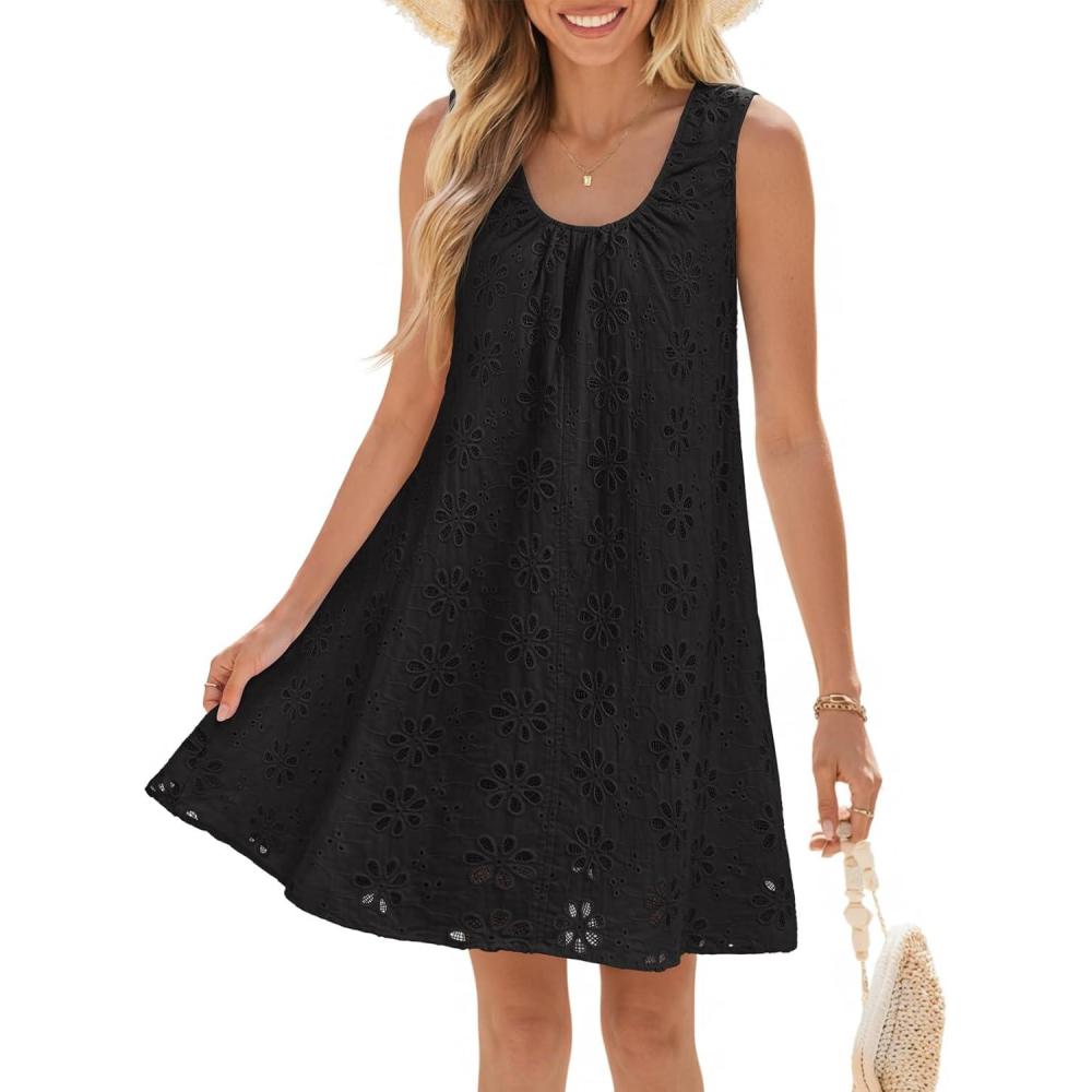 imageMEROKEETY Womens Summer Eyelet Hollow Out Sundress 2026 Sleeveless Swing A Line Boho Beach Vacation Mini Short DressesBlack