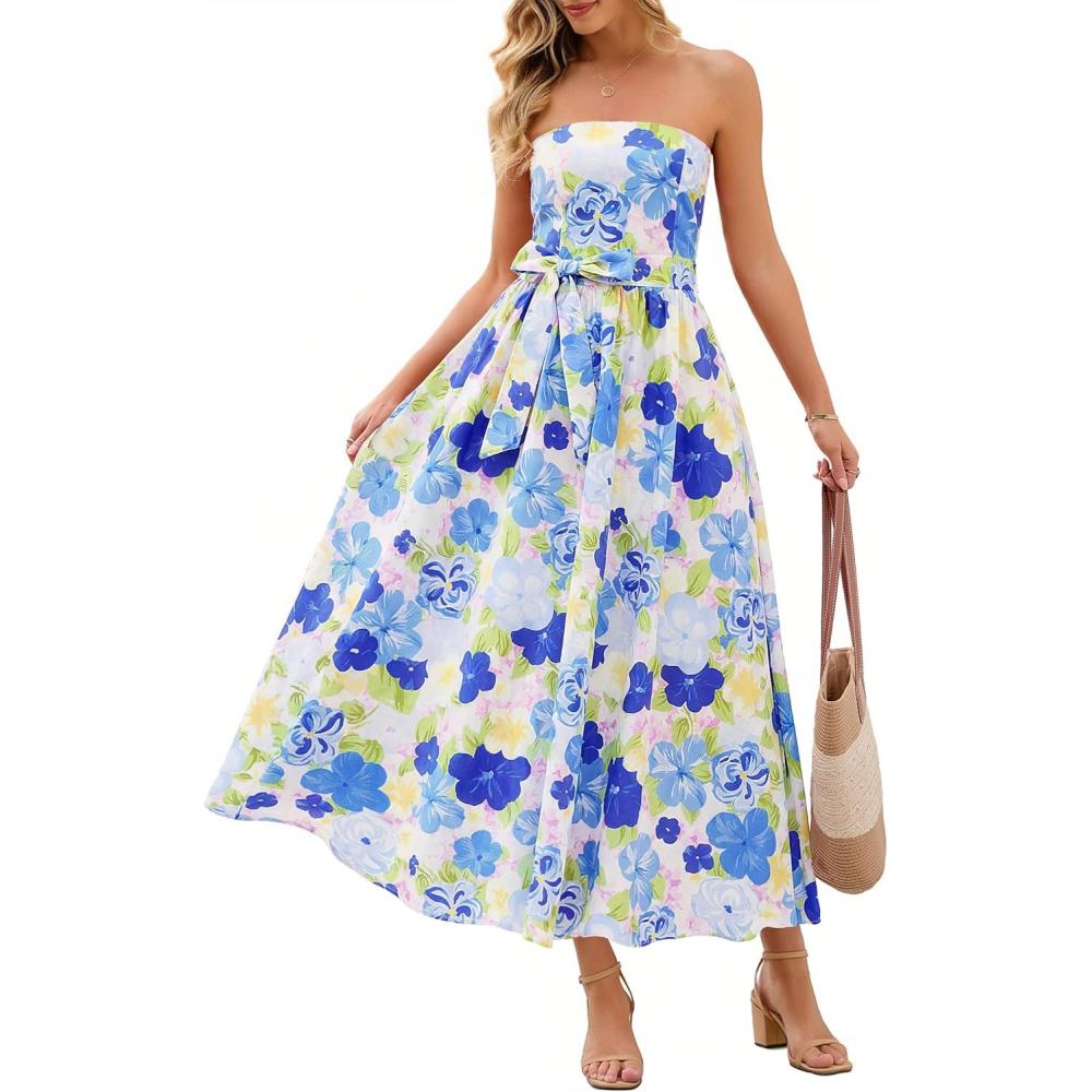 imageMEROKEETY Womens Summer Floral Maxi Dresses 2026 Strapless Tube Smocked Tie Boho Beach Wedding Guest Flowy Long SundressBlue