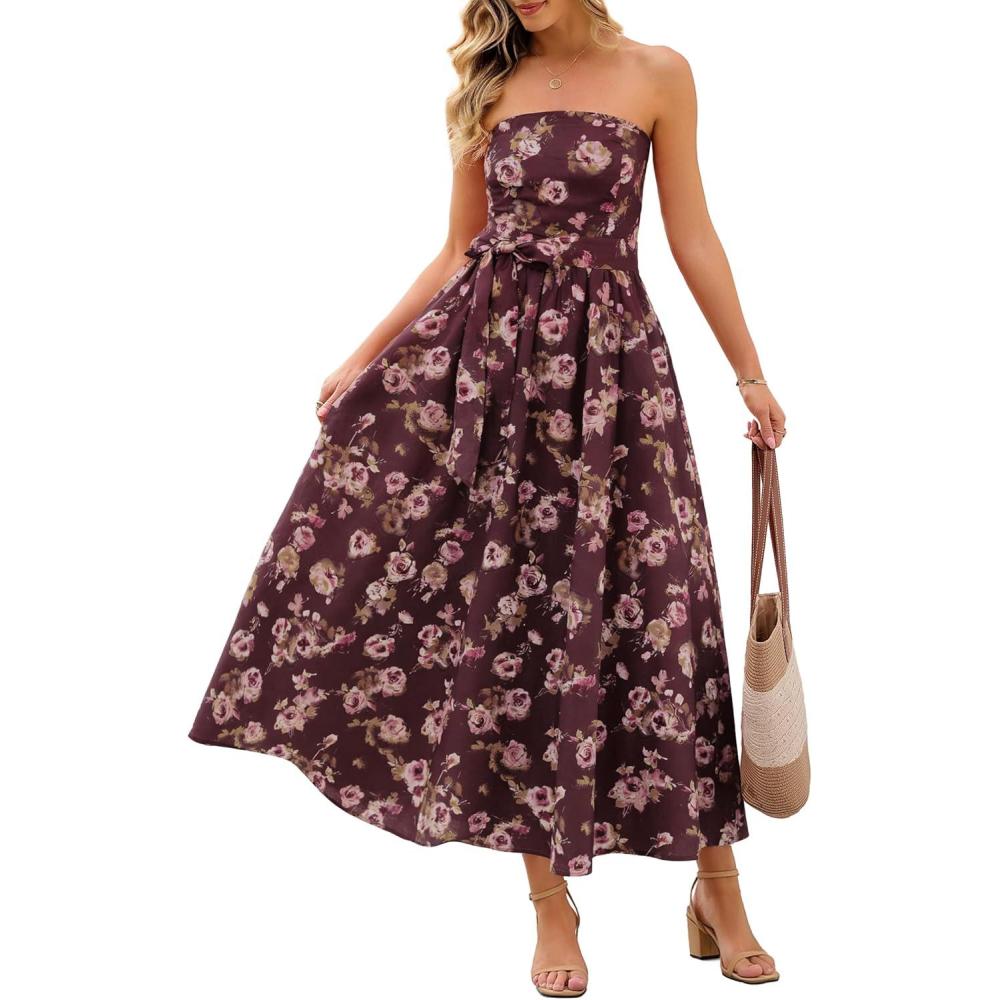 imageMEROKEETY Womens Summer Floral Maxi Dresses 2026 Strapless Tube Smocked Tie Boho Beach Wedding Guest Flowy Long SundressCoffee