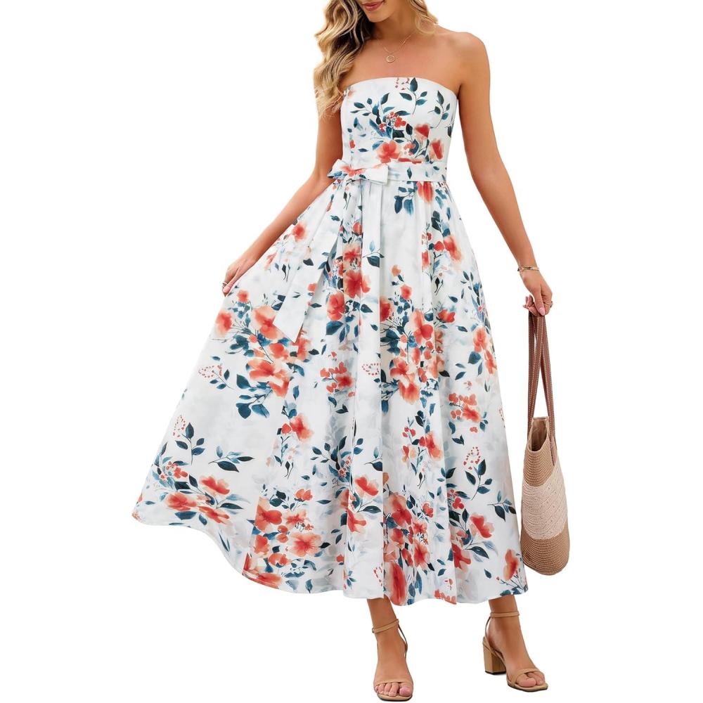 imageMEROKEETY Womens Summer Floral Maxi Dresses 2026 Strapless Tube Smocked Tie Boho Beach Wedding Guest Flowy Long SundressIvory