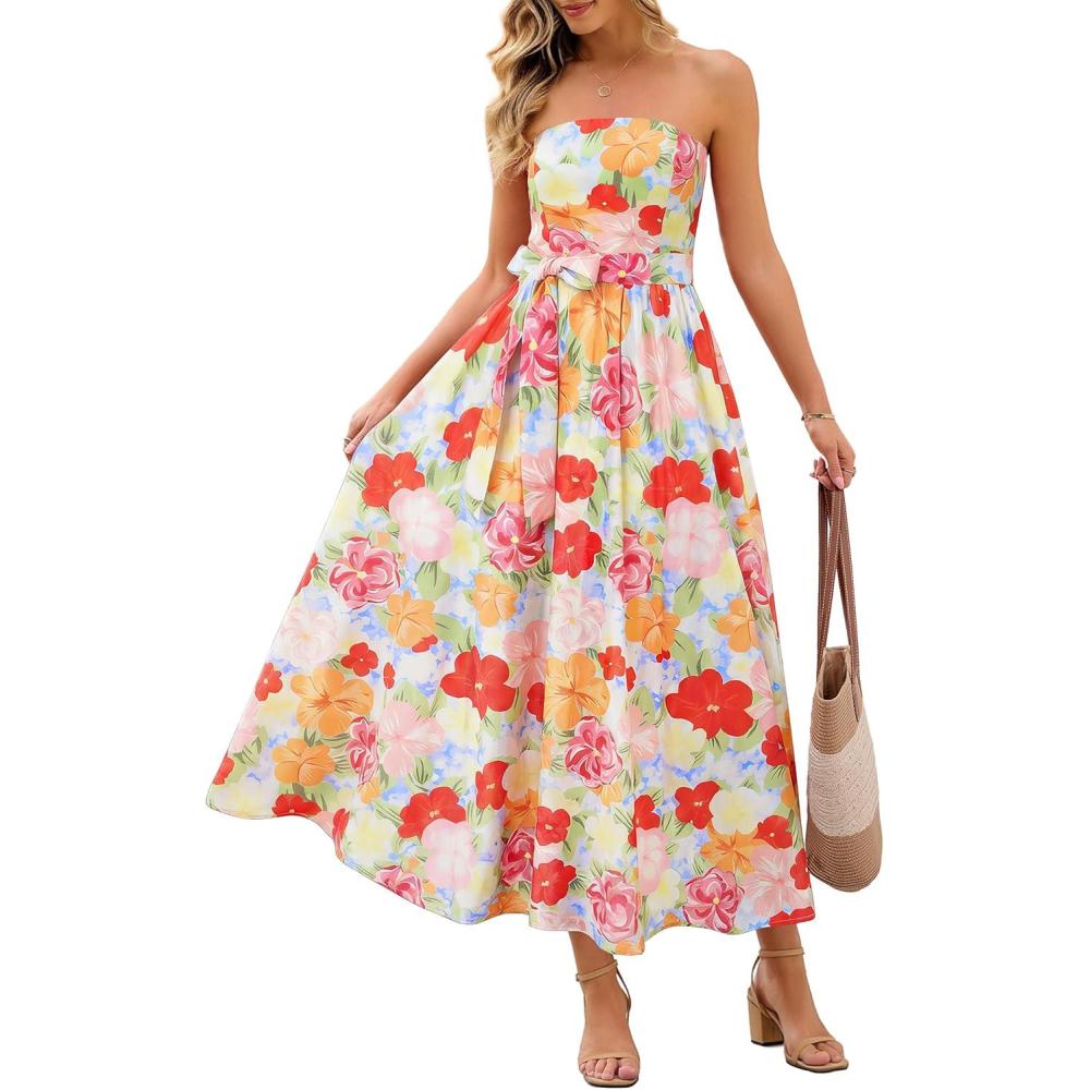 imageMEROKEETY Womens Summer Floral Maxi Dresses 2026 Strapless Tube Smocked Tie Boho Beach Wedding Guest Flowy Long SundressMulticolored