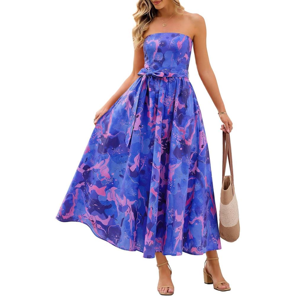 imageMEROKEETY Womens Summer Floral Maxi Dresses 2026 Strapless Tube Smocked Tie Boho Beach Wedding Guest Flowy Long SundressRoyal
