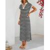 MEROKEETY Women’s Summer Casual Maxi Dress 2026 Cap Sleeve V Neck Collared Beach Vacation T Shirt Long Dresses(Stripedblack)