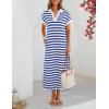 MEROKEETY Women’s Summer Casual Maxi Dress 2026 Cap Sleeve V Neck Collared Beach Vacation T Shirt Long Dresses(Stripedblue)