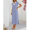 MEROKEETY Women’s Summer Casual Maxi Dress 2026 Cap Sleeve V Neck Collared Beach Vacation T Shirt Long Dresses(Stripedblue)