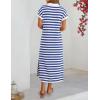 MEROKEETY Women’s Summer Casual Maxi Dress 2026 Cap Sleeve V Neck Collared Beach Vacation T Shirt Long Dresses(Stripedblue)