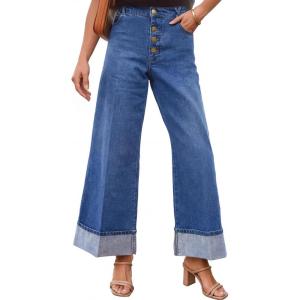 MEROKEETY Wide Leg Jeans Women 2026 Baggy Trendy Mid Rise Button Fly Straight Leg Turned-up Hem Denim Pants with Pockets(Blue)