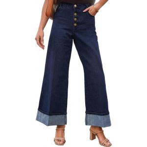 MEROKEETY Wide Leg Jeans Women 2026 Baggy Trendy Mid Rise Button Fly Straight Leg Turned-up Hem Denim Pants with Pockets(Indigo)