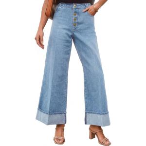 MEROKEETY Wide Leg Jeans Women 2026 Baggy Trendy Mid Rise Button Fly Straight Leg Turned-up Hem Denim Pants with Pockets(Skyblue)