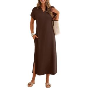 MEROKEETY Women’s Summer Casual Maxi Dress 2026 Cap Sleeve V Neck Collared Beach Vacation T Shirt Long Dresses(Coffee)