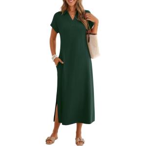 MEROKEETY Women’s Summer Casual Maxi Dress 2026 Cap Sleeve V Neck Collared Beach Vacation T Shirt Long Dresses(Darkgreen)