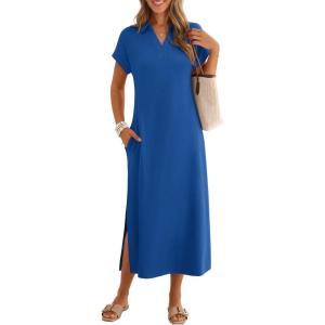 MEROKEETY Women’s Summer Casual Maxi Dress 2026 Cap Sleeve V Neck Collared Beach Vacation T Shirt Long Dresses(Royalblue)