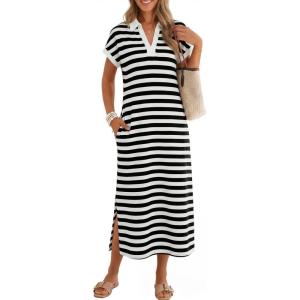 MEROKEETY Women’s Summer Casual Maxi Dress 2026 Cap Sleeve V Neck Collared Beach Vacation T Shirt Long Dresses(Stripedblack)