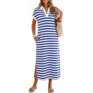 MEROKEETY Women’s Summer Casual Maxi Dress 2026 Cap Sleeve V Neck Collared Beach Vacation T Shirt Long Dresses(Stripedblue)