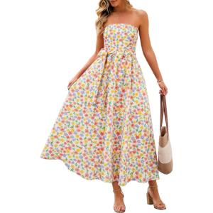 MEROKEETY Women’s Summer Floral Maxi Dresses 2026 Strapless Tube Smocked Tie Boho Beach Wedding Guest Flowy Long Sundress(Beige)