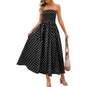 MEROKEETY Women’s Summer Floral Maxi Dresses 2026 Strapless Tube Smocked Tie Boho Beach Wedding Guest Flowy Long Sundress(Black)