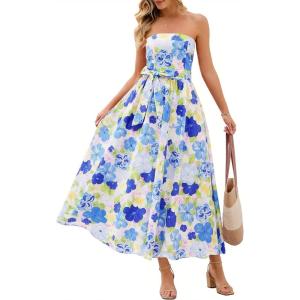 MEROKEETY Women’s Summer Floral Maxi Dresses 2026 Strapless Tube Smocked Tie Boho Beach Wedding Guest Flowy Long Sundress(Blue)