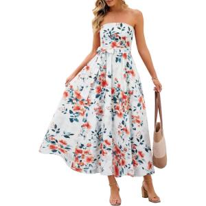 MEROKEETY Women’s Summer Floral Maxi Dresses 2026 Strapless Tube Smocked Tie Boho Beach Wedding Guest Flowy Long Sundress(Ivory)