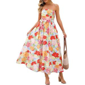 MEROKEETY Women’s Summer Floral Maxi Dresses 2026 Strapless Tube Smocked Tie Boho Beach Wedding Guest Flowy Long Sundress(Multicolored)