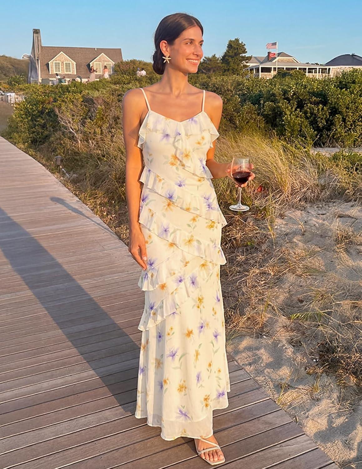 imageMEROKEETY Womens Spring Wedding Guest Dress 2026 Summer Beach Floral Cocktail Party Formal Ruffle Bodycon Maxi DressesBeige