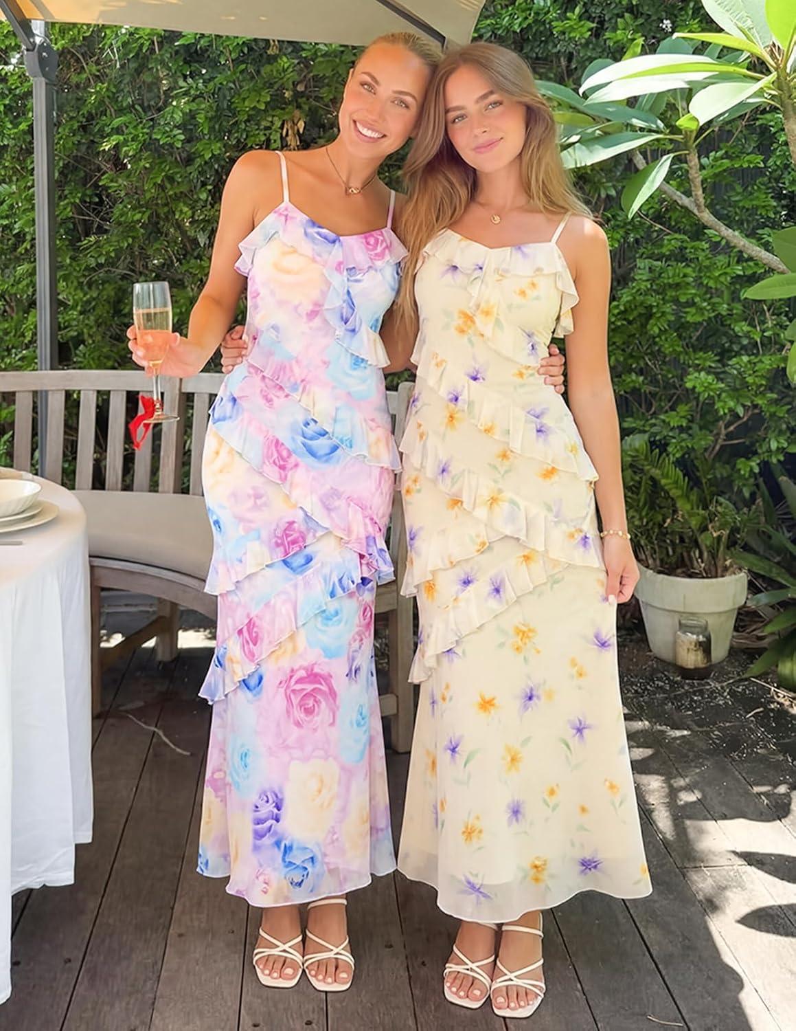imageMEROKEETY Womens Spring Wedding Guest Dress 2026 Summer Beach Floral Cocktail Party Formal Ruffle Bodycon Maxi DressesBeige