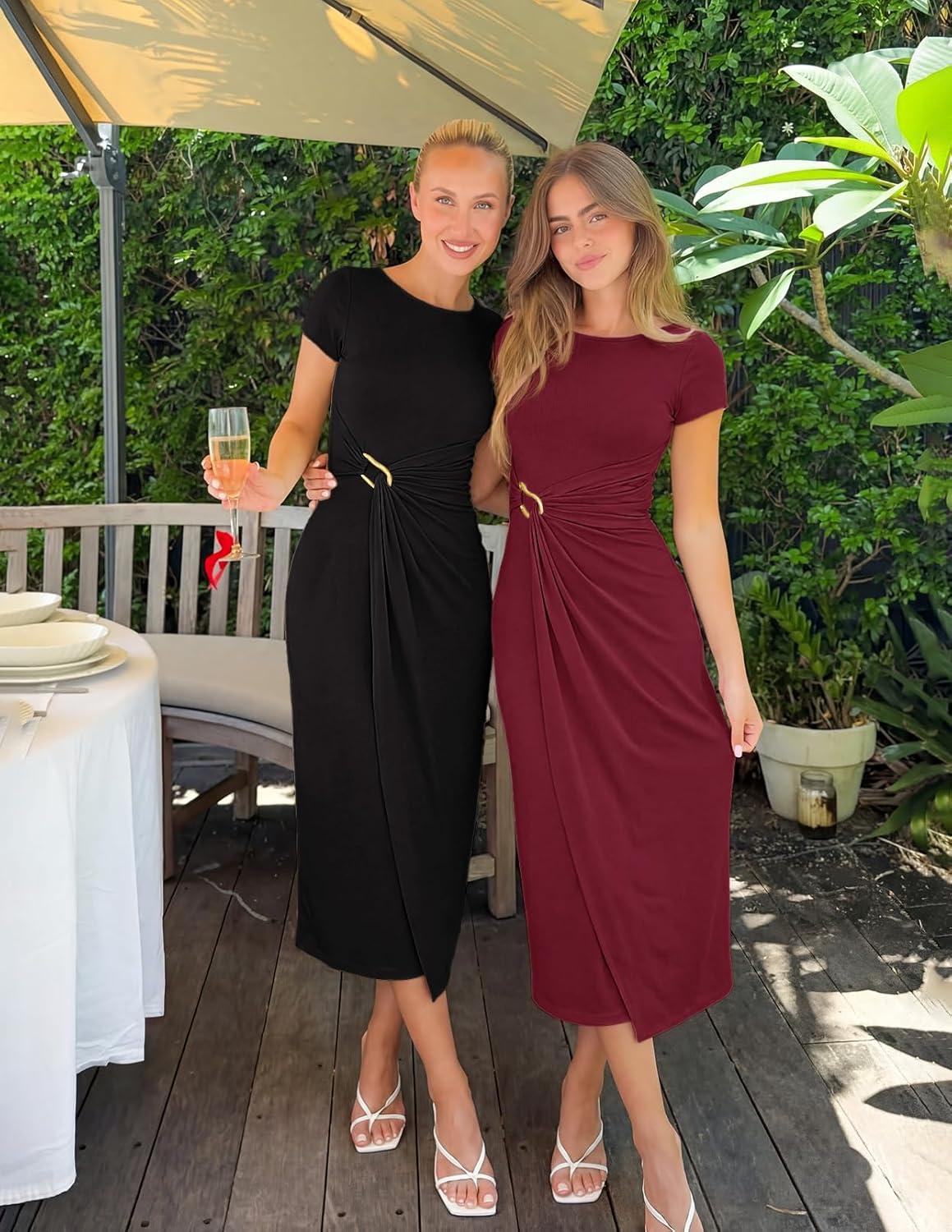 imageMEROKEETY Womens Summer Bodycon Wrap Midi Dresses 2026 Spring Short Sleeve Boat Neck Ruched Elegant Cocktail Party DressBurgundy