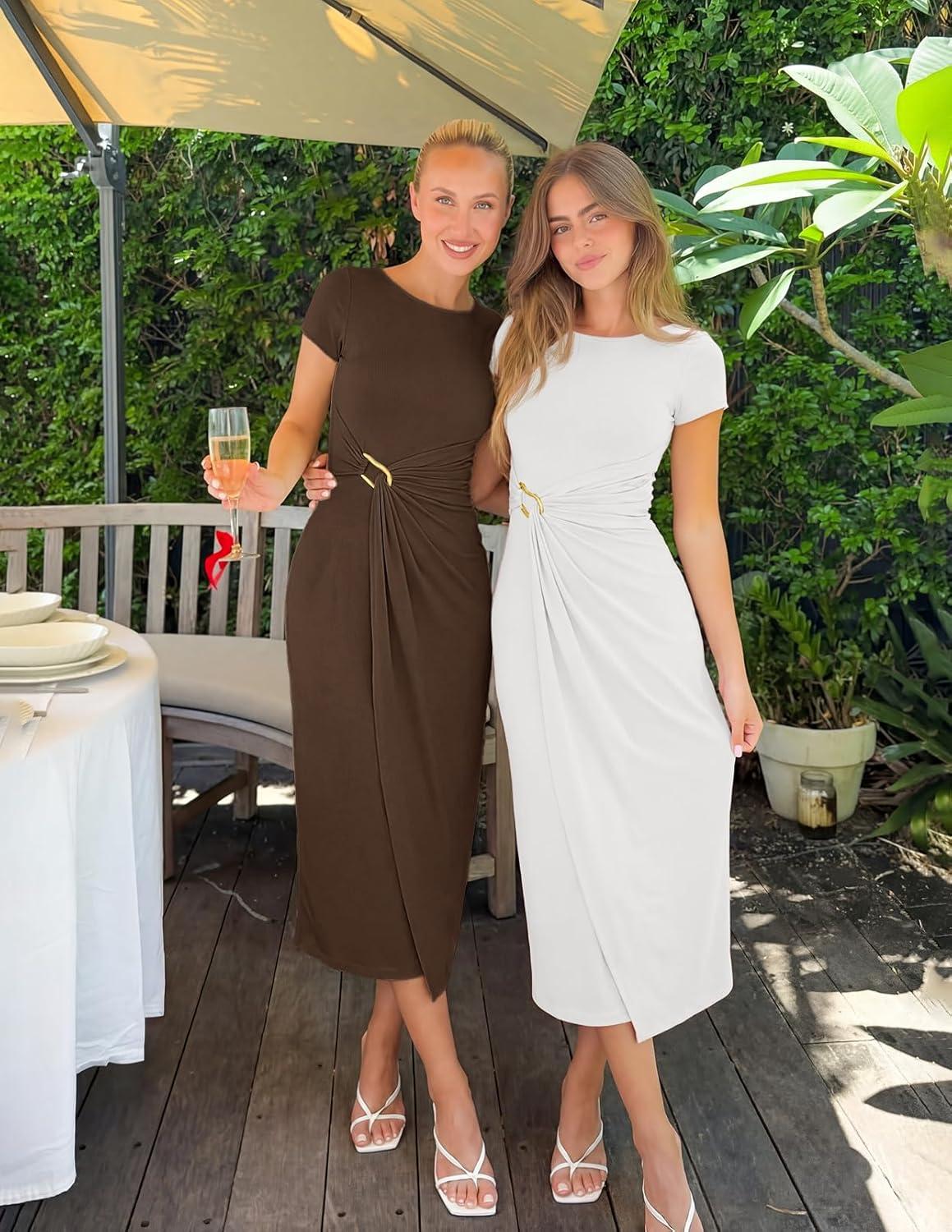 imageMEROKEETY Womens Summer Bodycon Wrap Midi Dresses 2026 Spring Short Sleeve Boat Neck Ruched Elegant Cocktail Party DressCoffee
