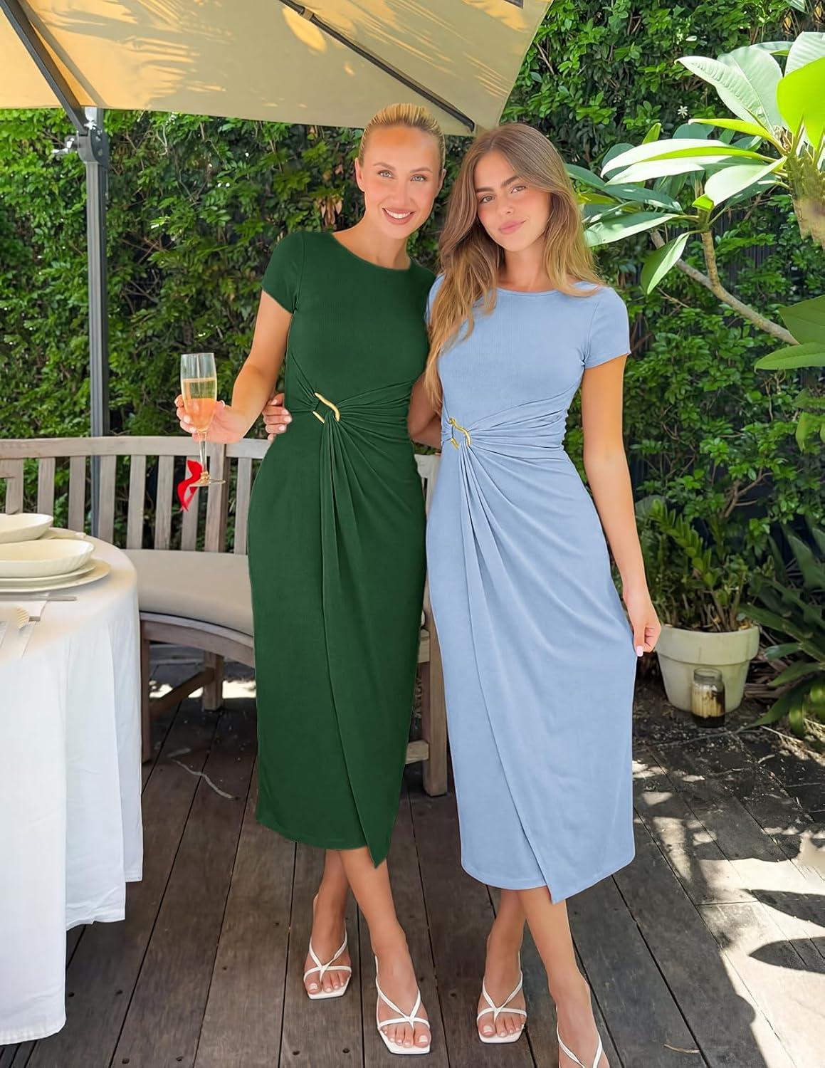 imageMEROKEETY Womens Summer Bodycon Wrap Midi Dresses 2026 Spring Short Sleeve Boat Neck Ruched Elegant Cocktail Party DressGreen