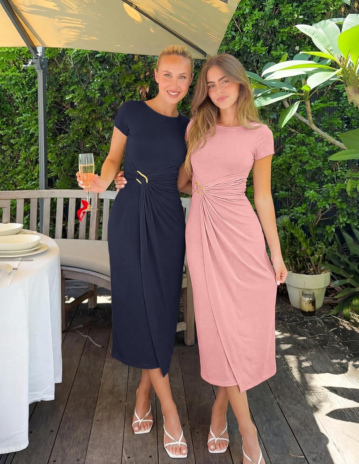 imageMEROKEETY Womens Summer Bodycon Wrap Midi Dresses 2026 Spring Short Sleeve Boat Neck Ruched Elegant Cocktail Party DressNavy