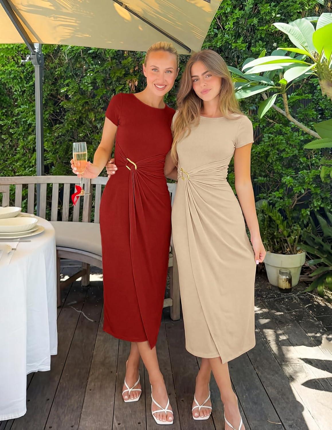 imageMEROKEETY Womens Summer Bodycon Wrap Midi Dresses 2026 Spring Short Sleeve Boat Neck Ruched Elegant Cocktail Party DressRed