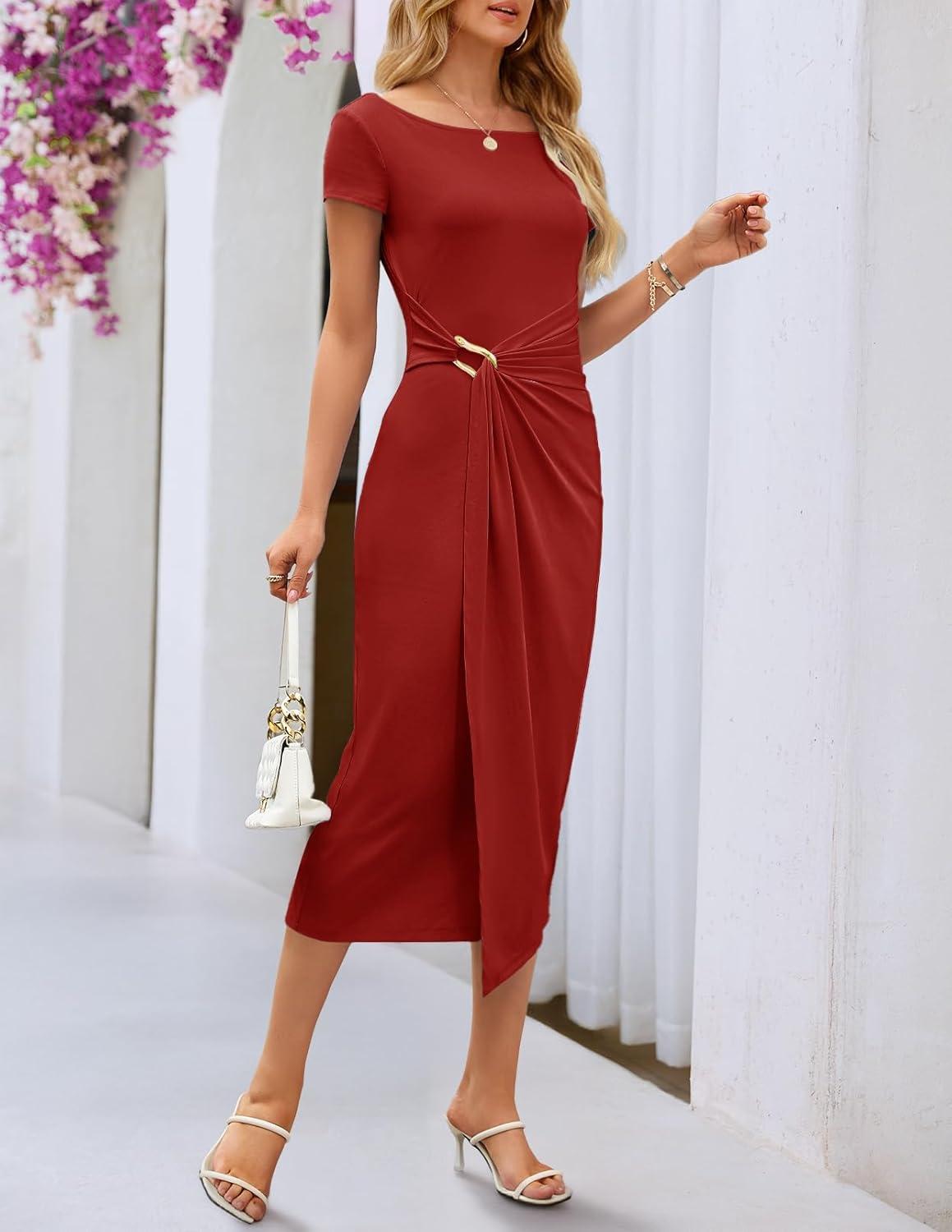 imageMEROKEETY Womens Summer Bodycon Wrap Midi Dresses 2026 Spring Short Sleeve Boat Neck Ruched Elegant Cocktail Party DressRed