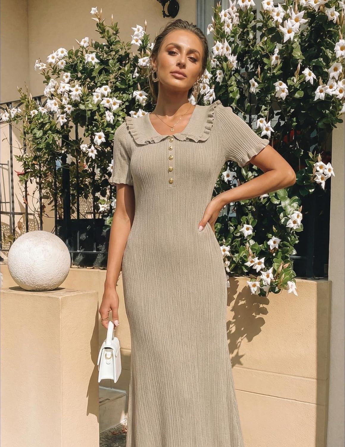 imageMEROKEETY Womens Summer Ruffled Midi Dress 2026 Spring Bodycon Short Sleeve V Neck Button Business Cocktail Sweater DressesKhaki