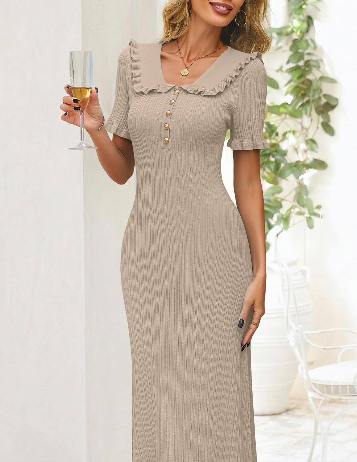 imageMEROKEETY Womens Summer Ruffled Midi Dress 2026 Spring Bodycon Short Sleeve V Neck Button Business Cocktail Sweater DressesKhaki