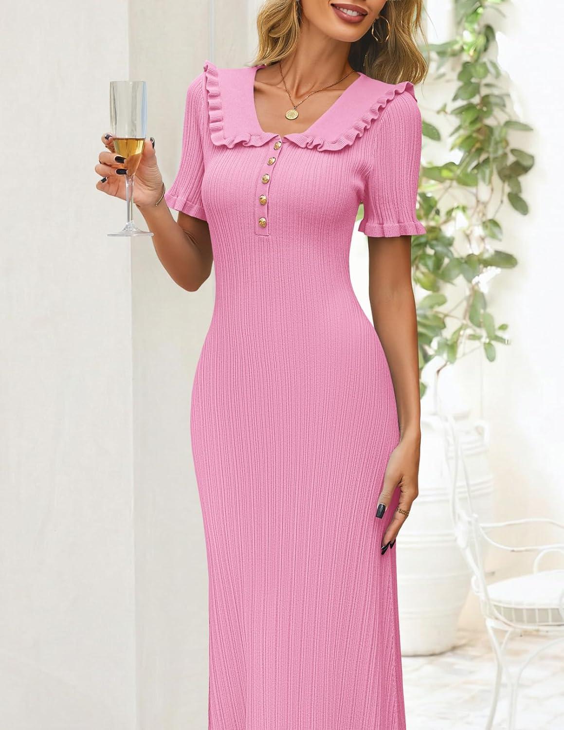 imageMEROKEETY Womens Summer Ruffled Midi Dress 2026 Spring Bodycon Short Sleeve V Neck Button Business Cocktail Sweater DressesPink