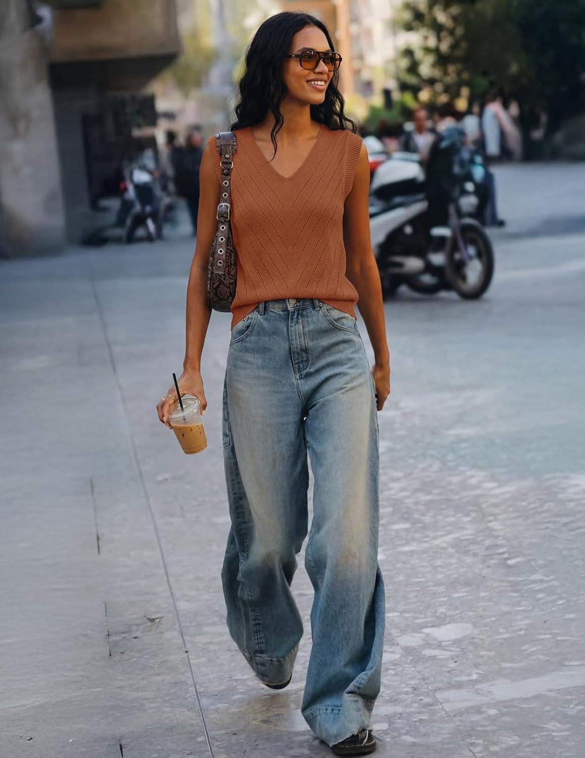 imageMEROKEETY Womens Summer V Neck Knit Tank Top 2026 Spring Sleeveless Sweater Vest Business Casual Shirt Outfit Fashion ClothesCaramel