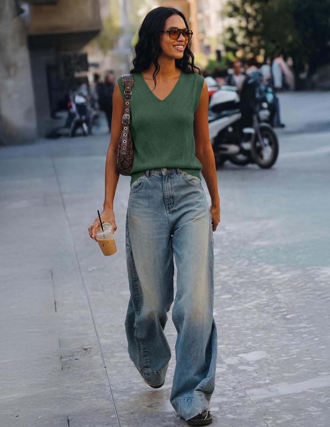 imageMEROKEETY Womens Summer V Neck Knit Tank Top 2026 Spring Sleeveless Sweater Vest Business Casual Shirt Outfit Fashion ClothesDustygreen