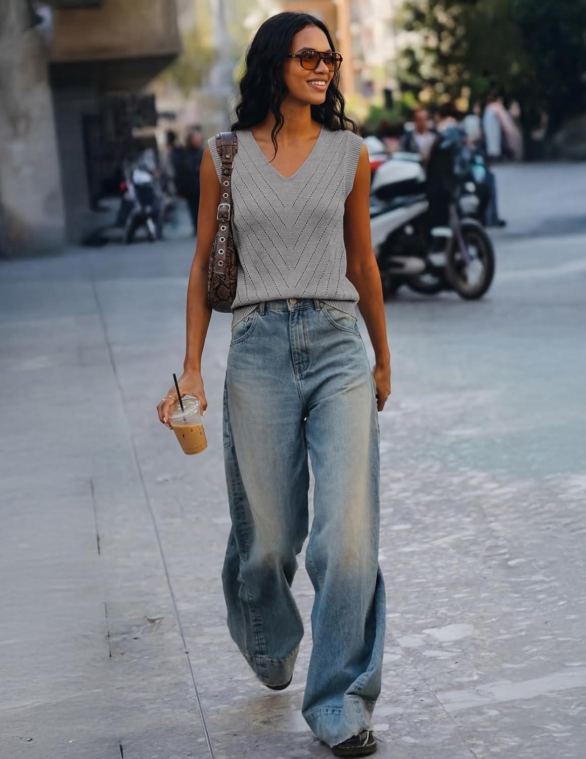 imageMEROKEETY Womens Summer V Neck Knit Tank Top 2026 Spring Sleeveless Sweater Vest Business Casual Shirt Outfit Fashion ClothesGray
