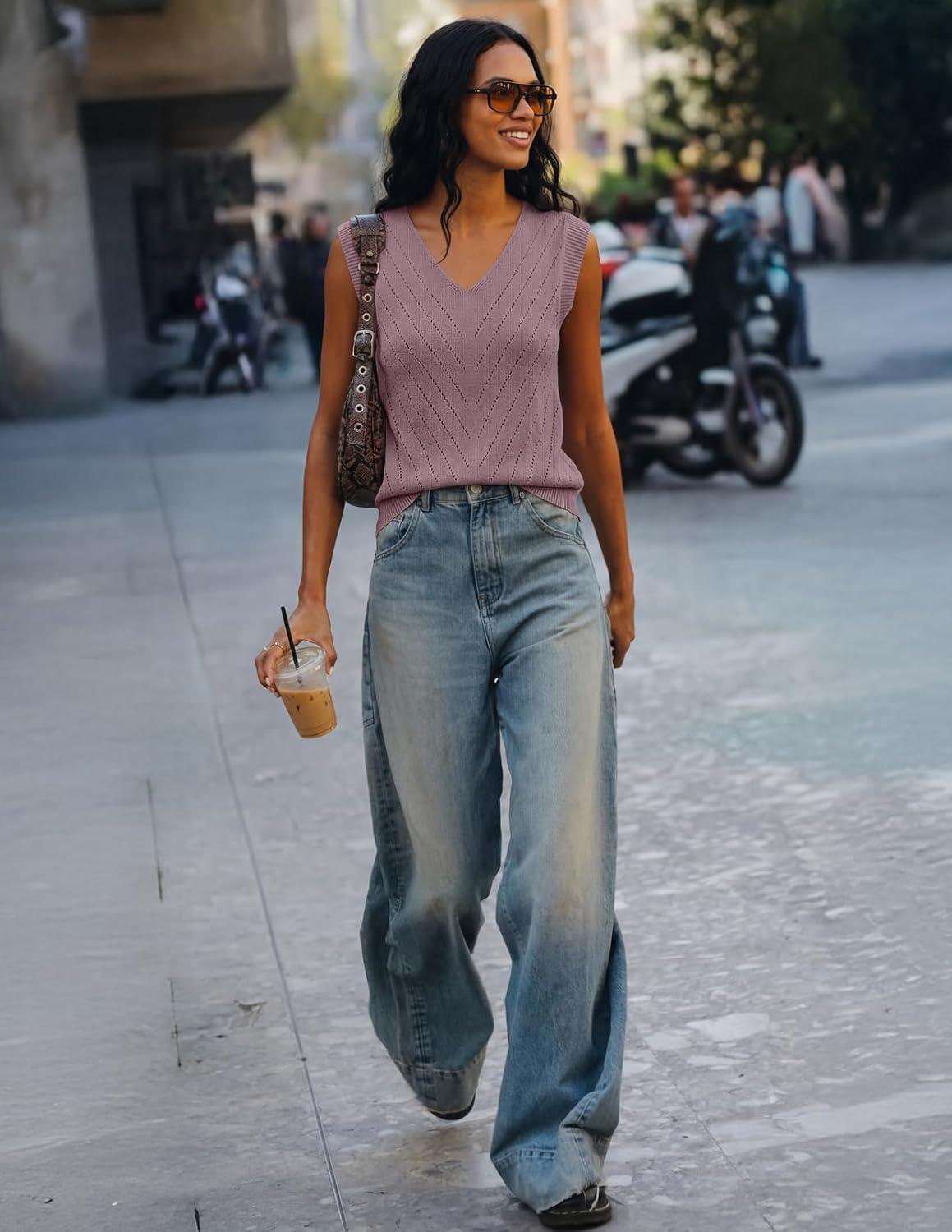 imageMEROKEETY Womens Summer V Neck Knit Tank Top 2026 Spring Sleeveless Sweater Vest Business Casual Shirt Outfit Fashion ClothesGrey Purple