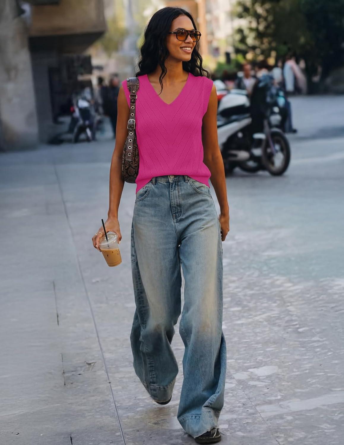 imageMEROKEETY Womens Summer V Neck Knit Tank Top 2026 Spring Sleeveless Sweater Vest Business Casual Shirt Outfit Fashion ClothesHotpink