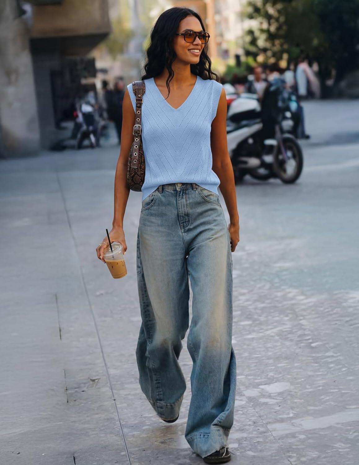 imageMEROKEETY Womens Summer V Neck Knit Tank Top 2026 Spring Sleeveless Sweater Vest Business Casual Shirt Outfit Fashion ClothesLightblue