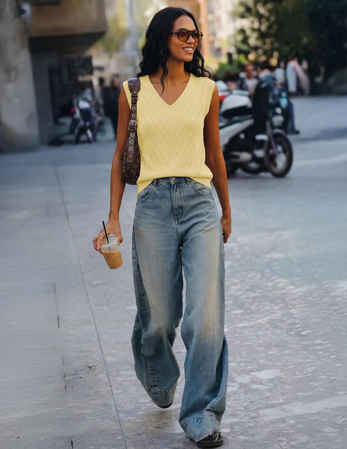 imageMEROKEETY Womens Summer V Neck Knit Tank Top 2026 Spring Sleeveless Sweater Vest Business Casual Shirt Outfit Fashion ClothesLightyellow