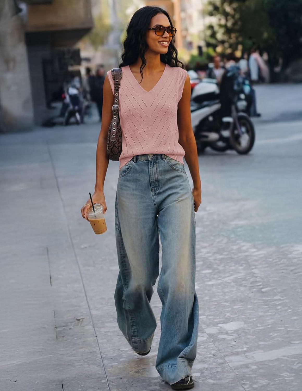 imageMEROKEETY Womens Summer V Neck Knit Tank Top 2026 Spring Sleeveless Sweater Vest Business Casual Shirt Outfit Fashion ClothesPink