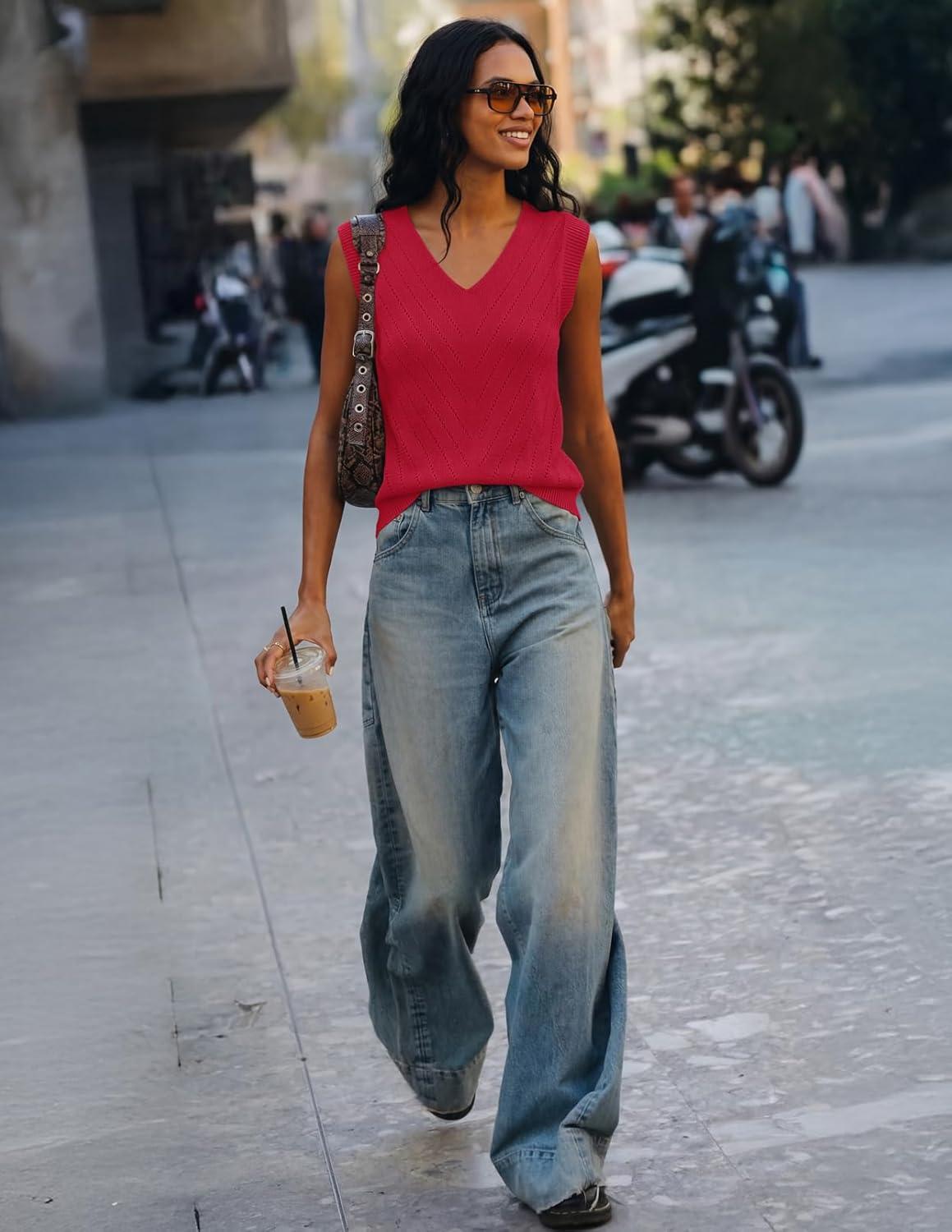 imageMEROKEETY Womens Summer V Neck Knit Tank Top 2026 Spring Sleeveless Sweater Vest Business Casual Shirt Outfit Fashion ClothesRed