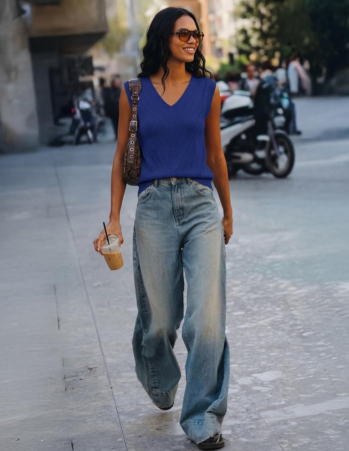 imageMEROKEETY Womens Summer V Neck Knit Tank Top 2026 Spring Sleeveless Sweater Vest Business Casual Shirt Outfit Fashion ClothesRoyalblue