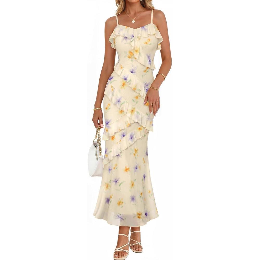 imageMEROKEETY Womens Spring Wedding Guest Dress 2026 Summer Beach Floral Cocktail Party Formal Ruffle Bodycon Maxi DressesBeige