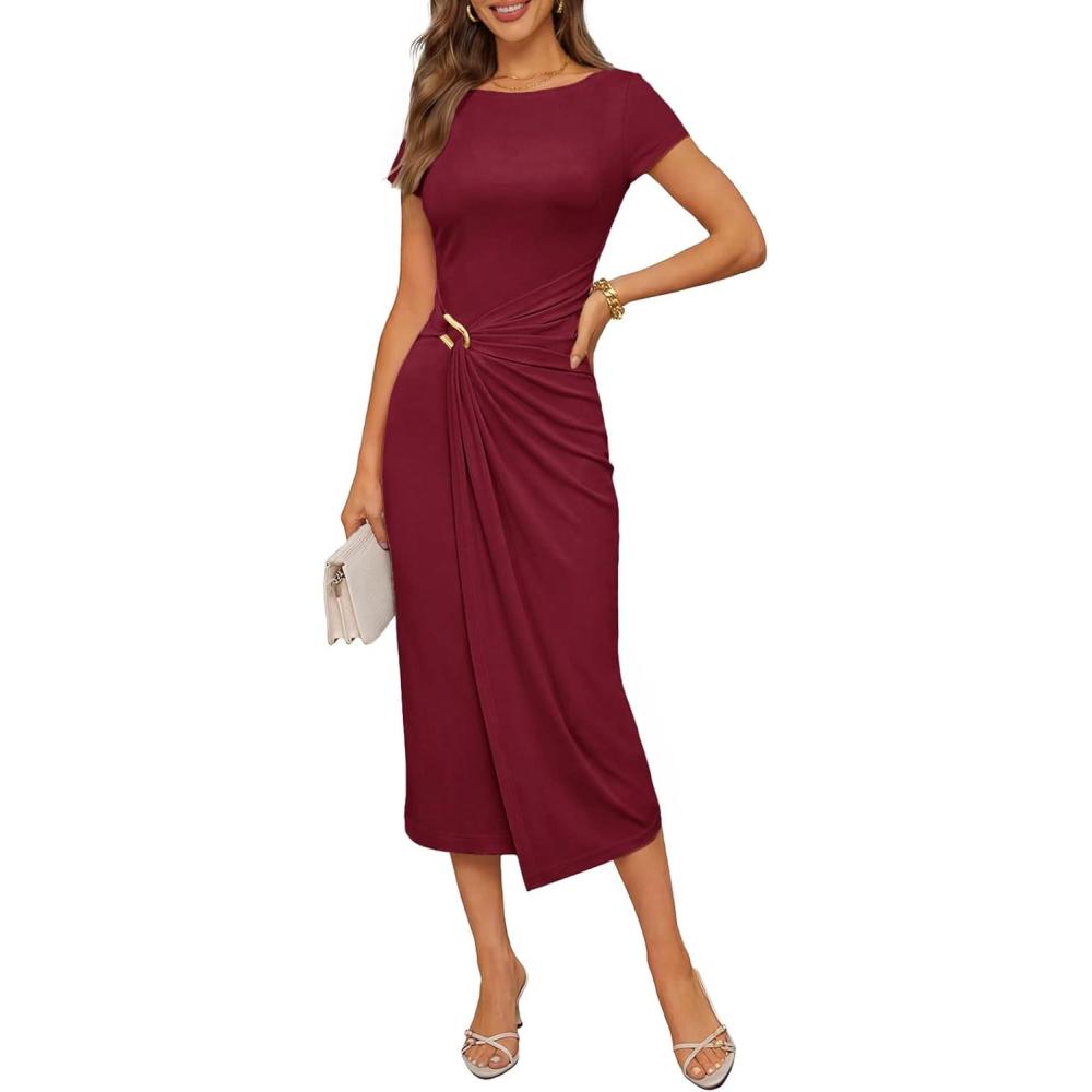 imageMEROKEETY Womens Summer Bodycon Wrap Midi Dresses 2026 Spring Short Sleeve Boat Neck Ruched Elegant Cocktail Party DressBurgundy
