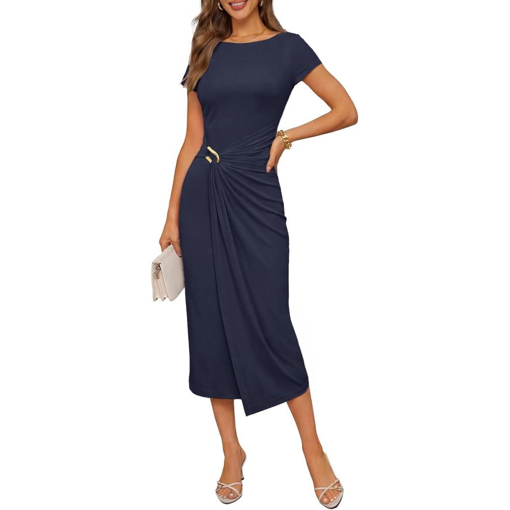 imageMEROKEETY Womens Summer Bodycon Wrap Midi Dresses 2026 Spring Short Sleeve Boat Neck Ruched Elegant Cocktail Party DressNavy